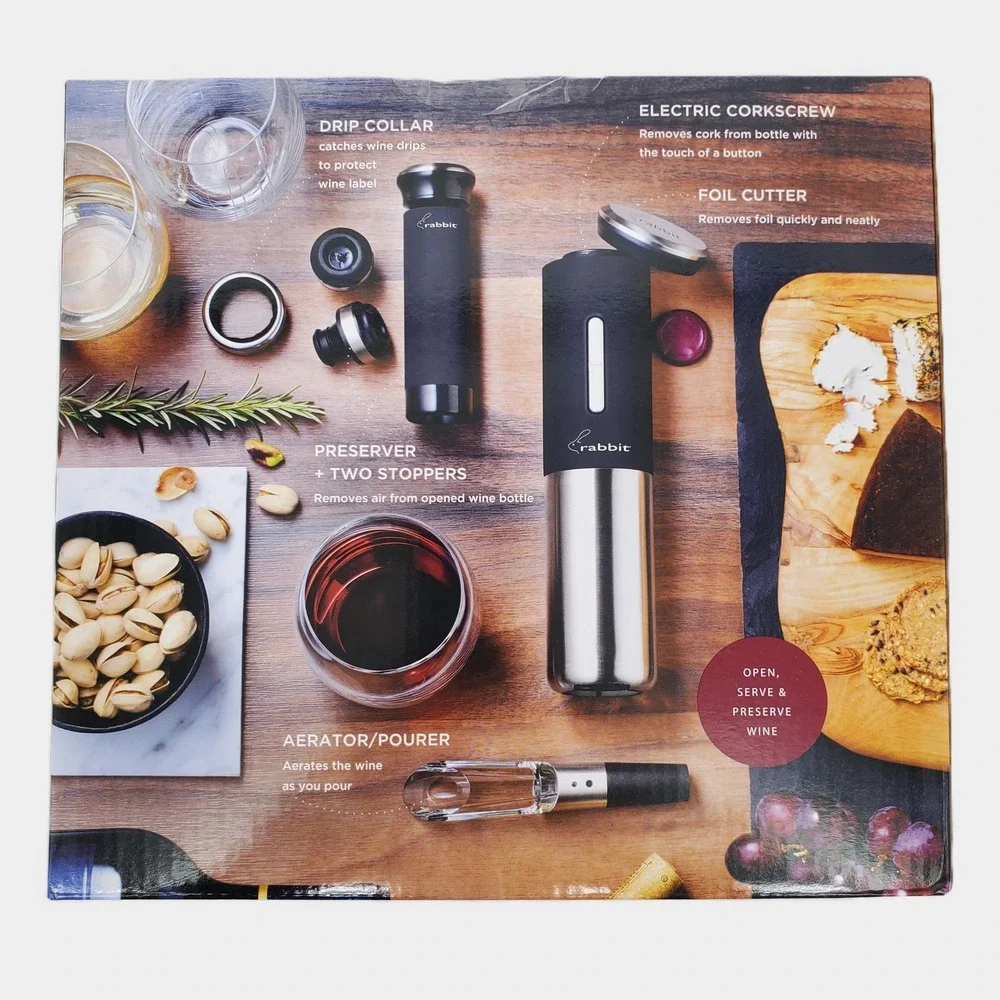 Rabbit 8 Piece Electric Wine Set Black Silver 5281028 Rechargeable Corkscrew New